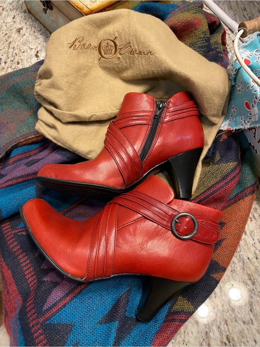 Born Red Leather Ankle Booties with Decorative Buckle Side Zip with Dust Bags - Picture 4 of 9